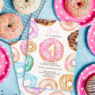  Cute Sweet One watercolor doughnuts 1st birthday Invitation
