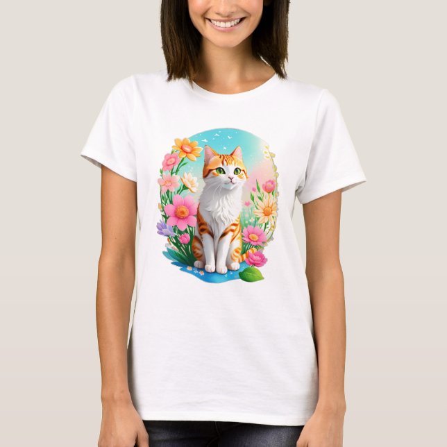 Cute sweet Orange Tabby Cat with Flowers sunshine T-Shirt (Front)