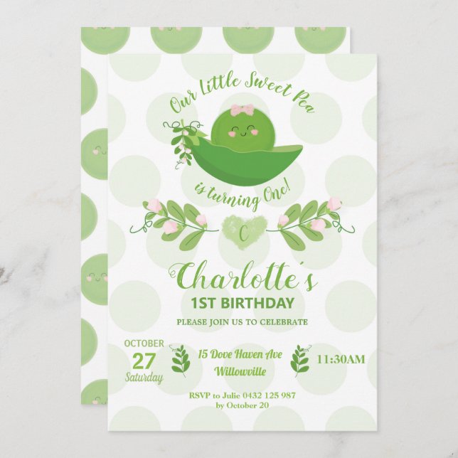 Cute Sweet Pea in a Pod Birthday Girl Invitation (Front/Back)