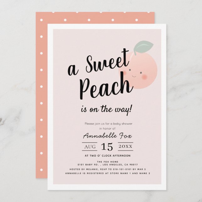 Cute Sweet Peach Pink Baby Shower Invitation (Front/Back)
