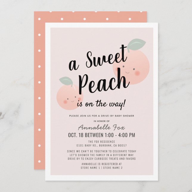 Cute Sweet Peach Pink Drive-by Baby Shower Invitation (Front/Back)