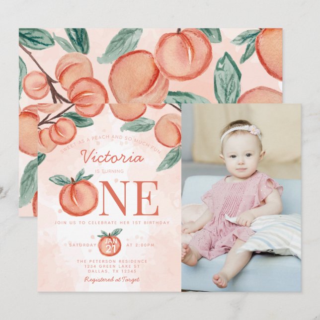 Cute Sweet Peach turning ONE 1st Birthday Party Invitation (Front/Back)