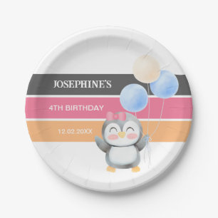 Cute Sweet Penguin Balloon Girl Birthday  Paper Plate