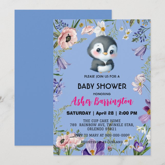 Cute sweet penguin Rustic flower baby shower kids Invitation (Front/Back)