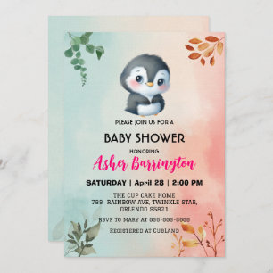 Cute sweet penguin Spring flower baby shower kids Invitation