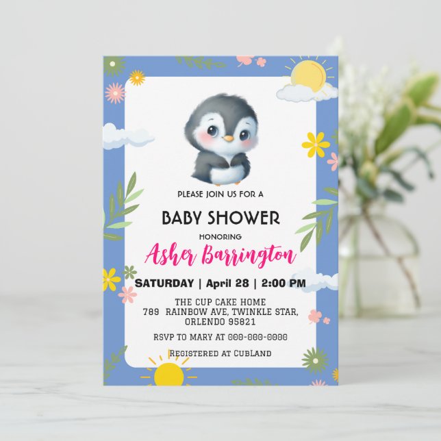 Cute sweet penguin sun sky flower baby shower kids invitation (Standing Front)