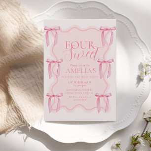 Cute Sweet Pink Bow 4th Birthday Party  Invitation