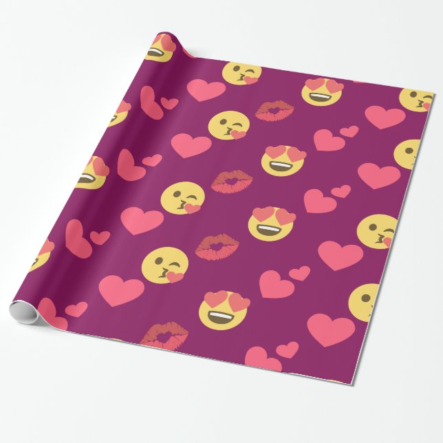 Cute Sweet Pink Emoji Love Hearts Kiss Pattern Wrapping Paper (Unrolled)