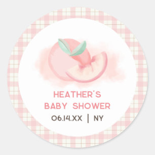 Cute Sweet Pink Gingham Peach Baby Shower  Classic Round Sticker
