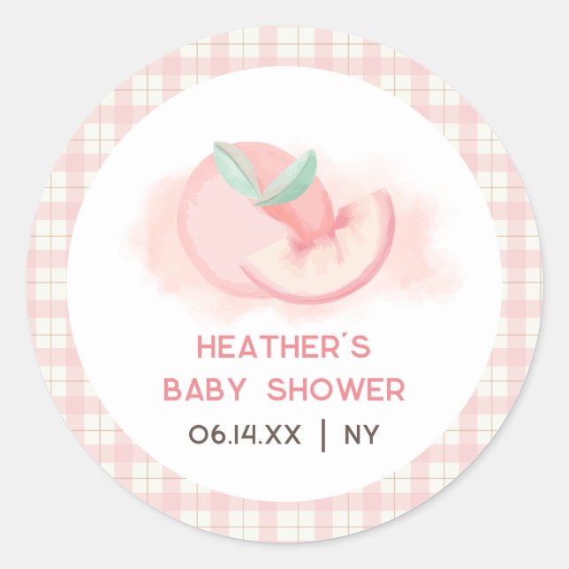 Cute Sweet Pink Gingham Peach Baby Shower  Classic Round Sticker (Front)