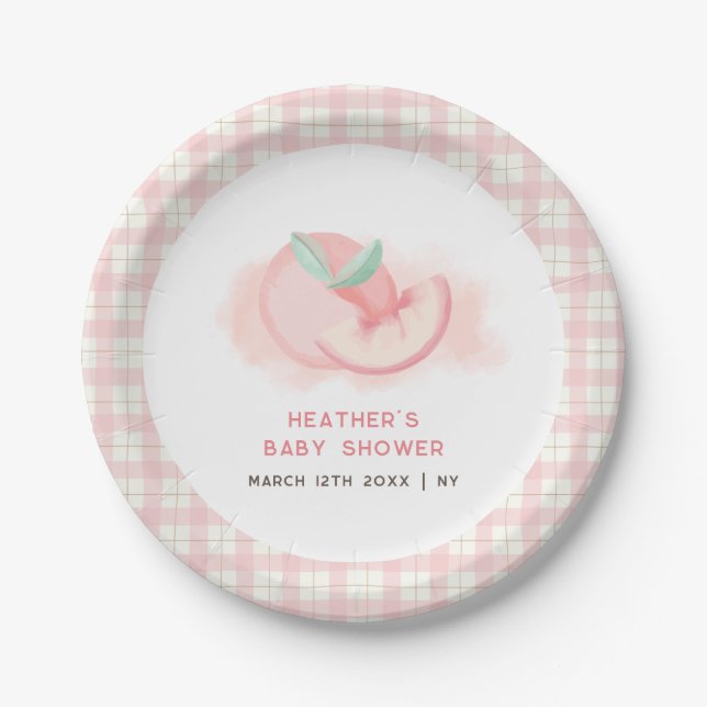 Cute Sweet Pink Gingham Peach Baby Shower  Paper Plate (Front)