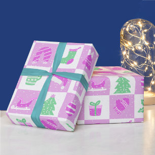 Cute Sweet Pink Girls Christmas Snow Grid Wrapping Paper
