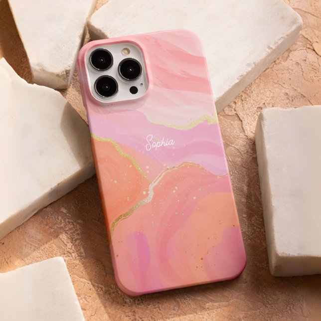 Cute Sweet Pink Gold Wave Texture Feminine Custom Case-Mate iPhone Case (The cute and sweet custom phone case design is in pink and gold color tones of wave gradient colors.)