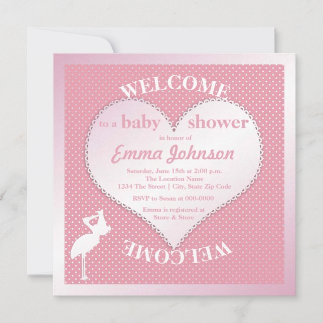 Cute Sweet Pink Stork Heart Baby Girl Shower Invitation (Front)