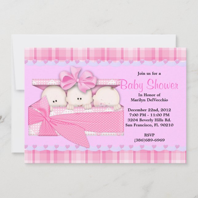 CUTE Sweet PINK Triplets Baby Shower Invitation (Front)