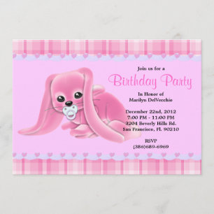 CUTE Sweet Plush Pink Bunny Rabbit Birthday Invitation