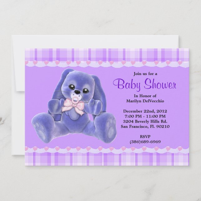 CUTE Sweet Plush Purple Bunny Rabbit Baby Shower Invitation (Front)