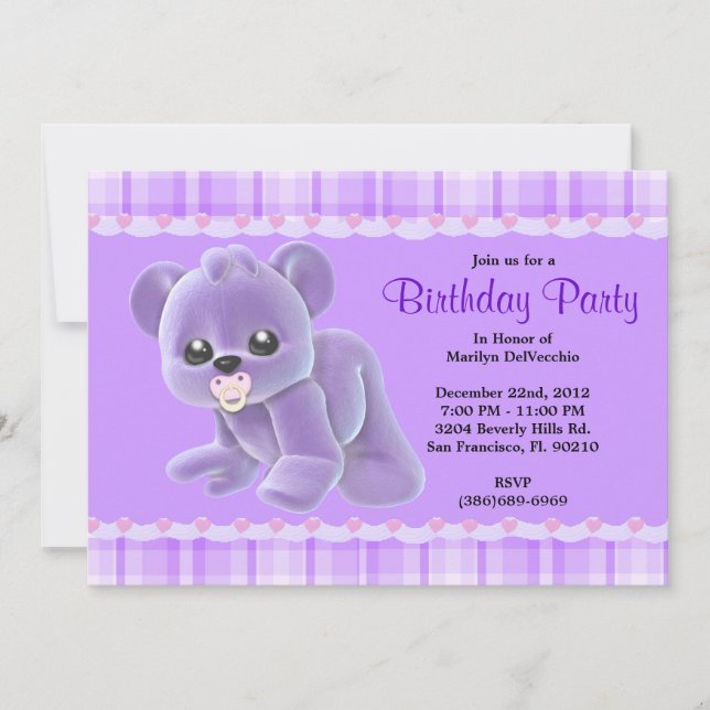 CUTE Sweet Plush Purple Teddy Bear Birthday Invitation (Front)