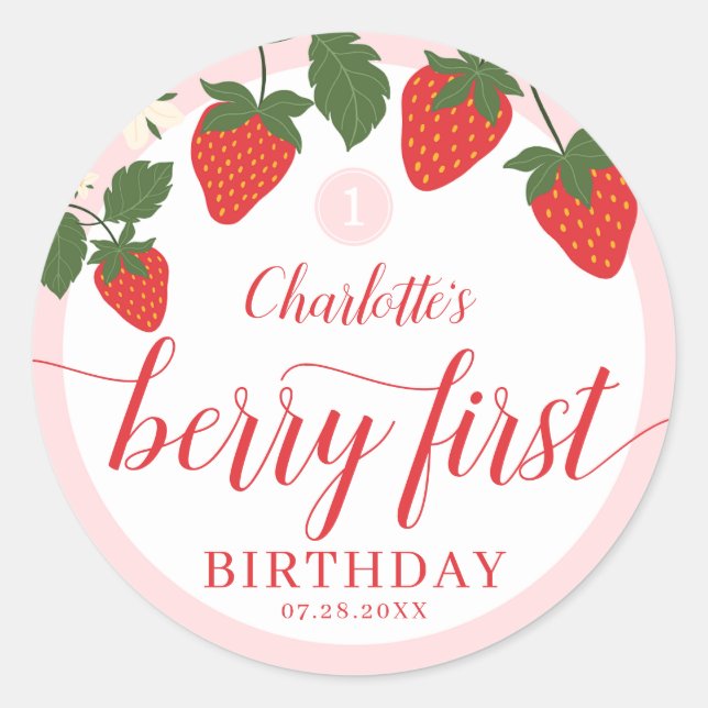Cute Sweet Strawberry 1st Birthday Classic Round Sticker (Front)