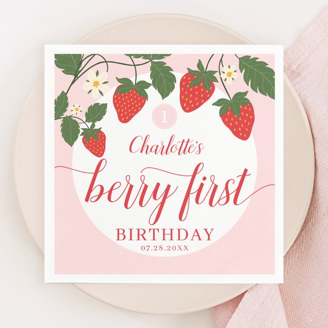 Cute Sweet Strawberry 1st Birthday Napkin (Creator Uploaded)