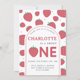 Cute Sweet Strawberry 1st Birthday Party Invitation