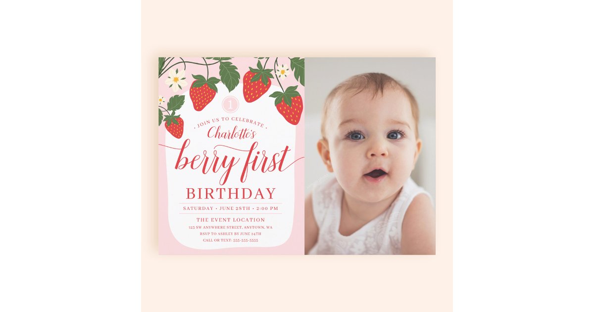 Cute Sweet Strawberry 1st Birthday Photo Invitation | Zazzle