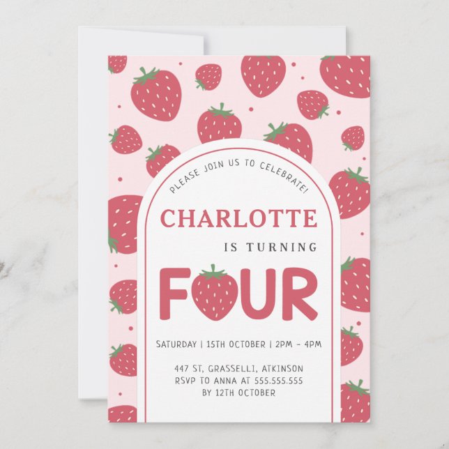 Cute Sweet Strawberry 4th Birthday Party Pink Invitation (Front)