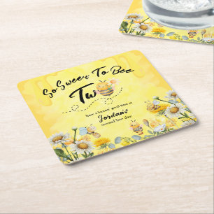 Cute Sweet To Bee Two Wildflower 1st birthday Square Paper Coaster