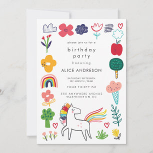 Cute Sweet Unicorn Kids Birthday Party Invitation