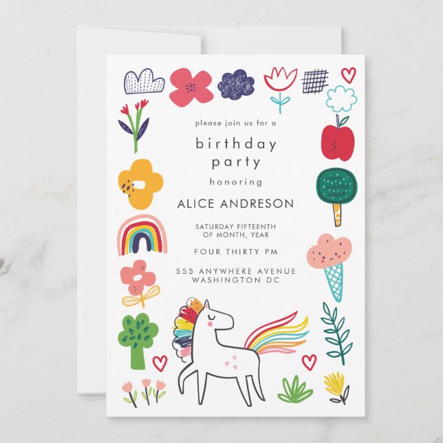 Cute Sweet Unicorn Kids Birthday Party Invitation (Front)