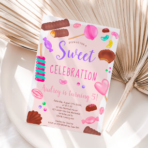 Cute sweets candy illustration 5th birthday party invitation
