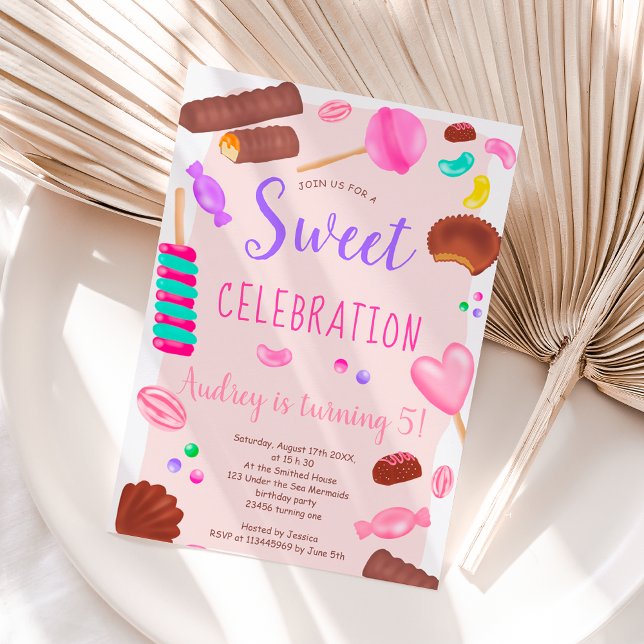 Cute sweets candy illustration 5th birthday party invitation (Creator Uploaded)