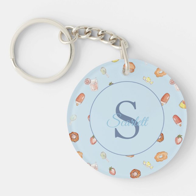 Cute Sweets Pattern Monogram Name Blue Photo  Key Ring (Front)