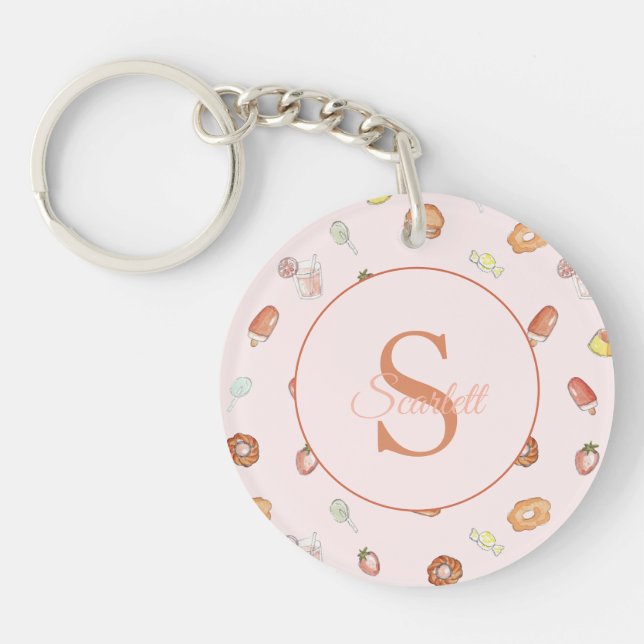 Cute sweets pattern Monogram Name pink Key Ring (Front)