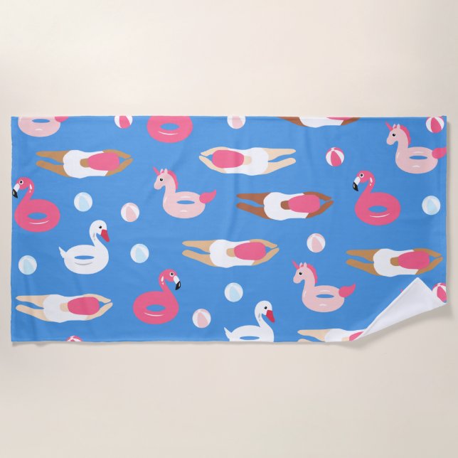 Cute Swimmer and Pool Float Beach Towel (Front)
