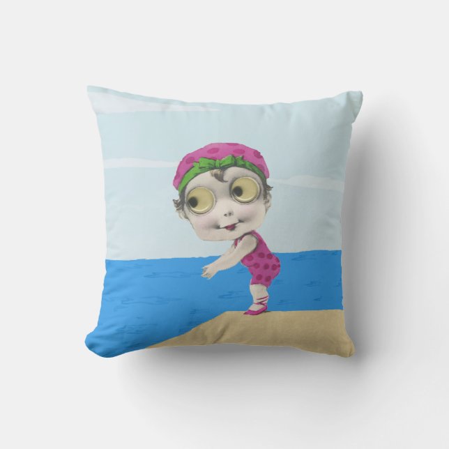 Cute Swimmer Girl Pink Suit Google Eyes Lake Cushion (Front)