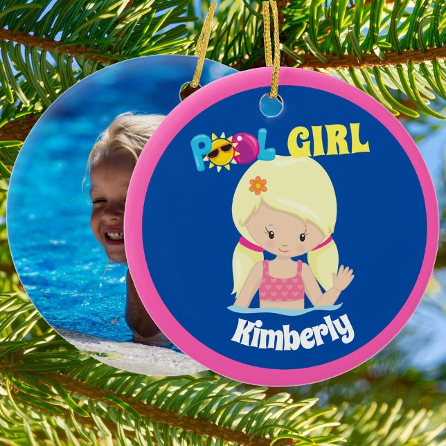 Cute Swimming Blond Girl Custom Kids Pool Photo Ceramic Ornament (Creator Uploaded)