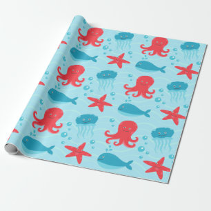 Cute swimming blue red Sea creatures jellyfish Wrapping Paper