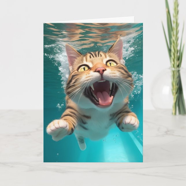 Cute Swimming Cat Diving Underwater in Pool Blank Card (Front)