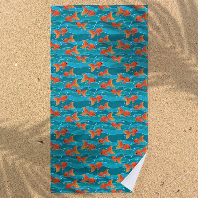 Cute Swimming Goldfish & Water Pattern Beach Towel (Creator Uploaded)