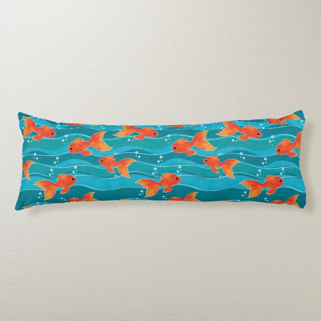 Cute Swimming Goldfish & Water Pattern Body Cushion (Front)