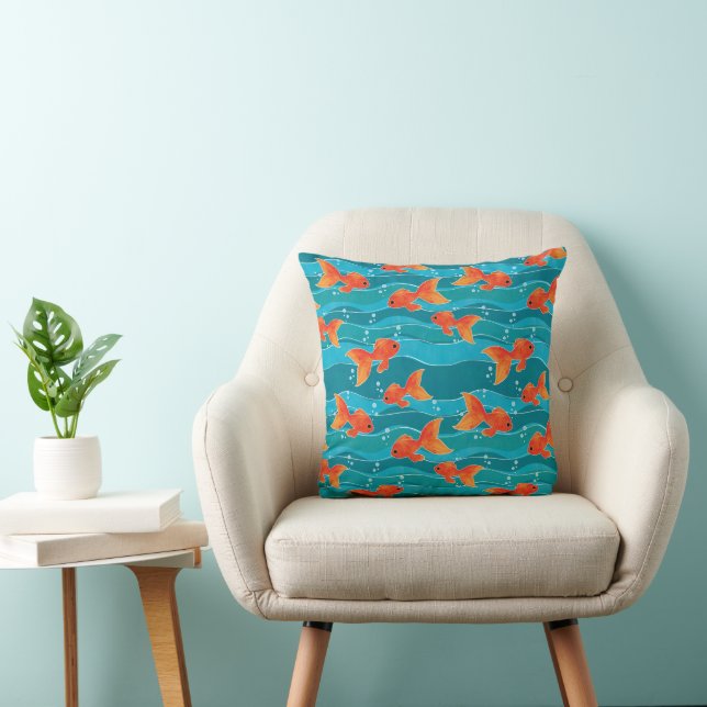 Cute Swimming Goldfish & Water Pattern Cushion (Chair)