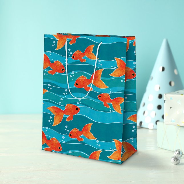 Cute Swimming Goldfish & Water Pattern Medium Gift Bag (Swimming Goldfish Pattern Gift Bag)
