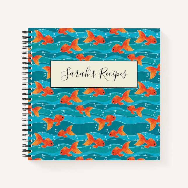 Cute Swimming Goldfish & Water Pattern Notebook (Front)