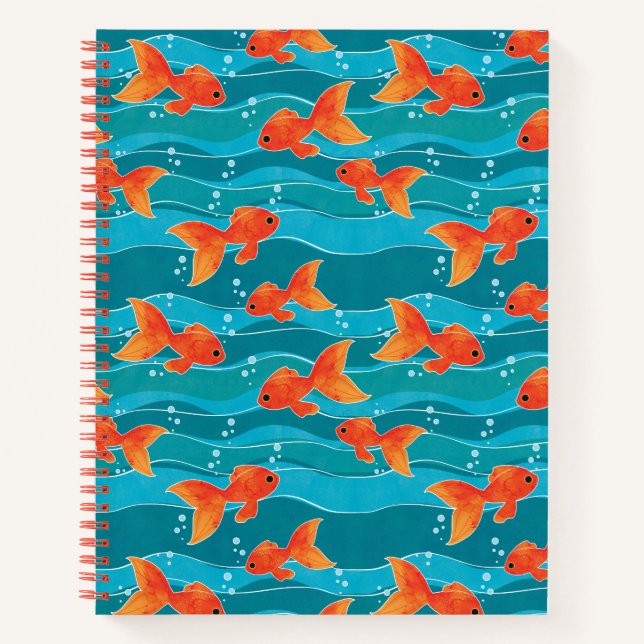 Cute Swimming Goldfish & Water Pattern Notebook (Front)