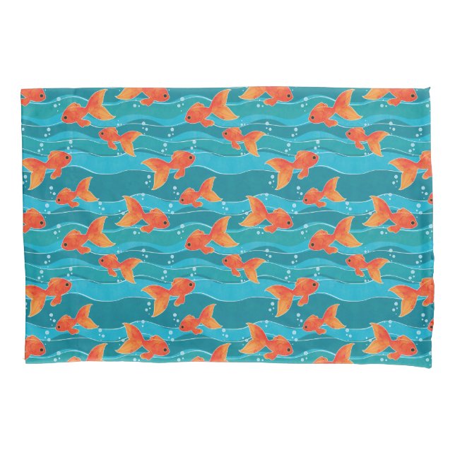 Cute Swimming Goldfish & Water Pattern Pillowcase (Front)