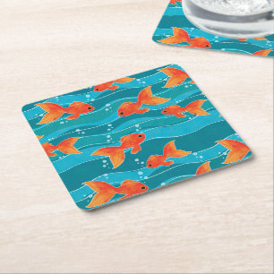 Cute Swimming Goldfish & Water Pattern Square Paper Coaster