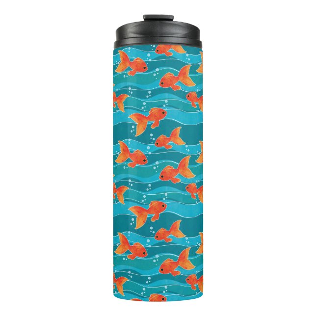 Cute Swimming Goldfish & Water Pattern Thermal Tumbler (Front)
