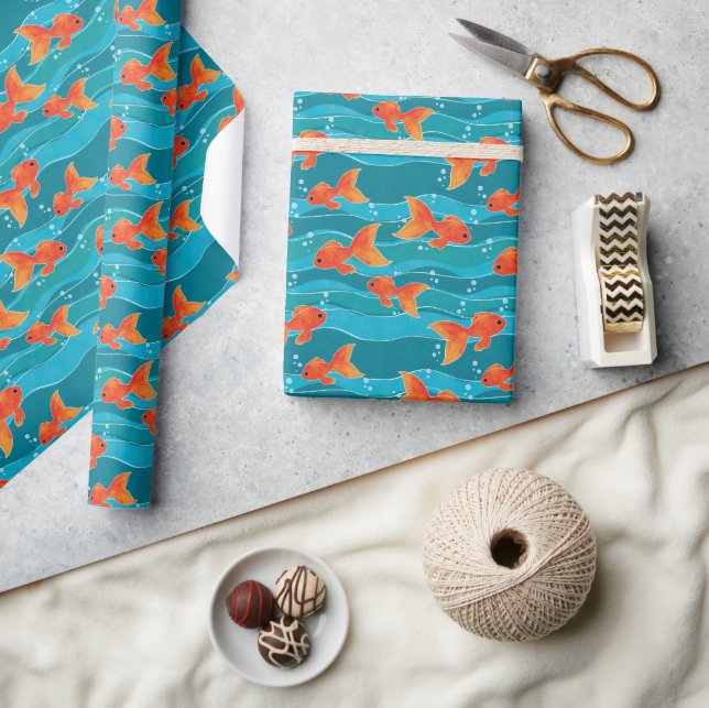 Cute Swimming Goldfish & Water Pattern Wrapping Paper (Crafts)