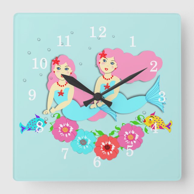 Cute Swimming Mermaids Theme Square Wall Clock (Front)